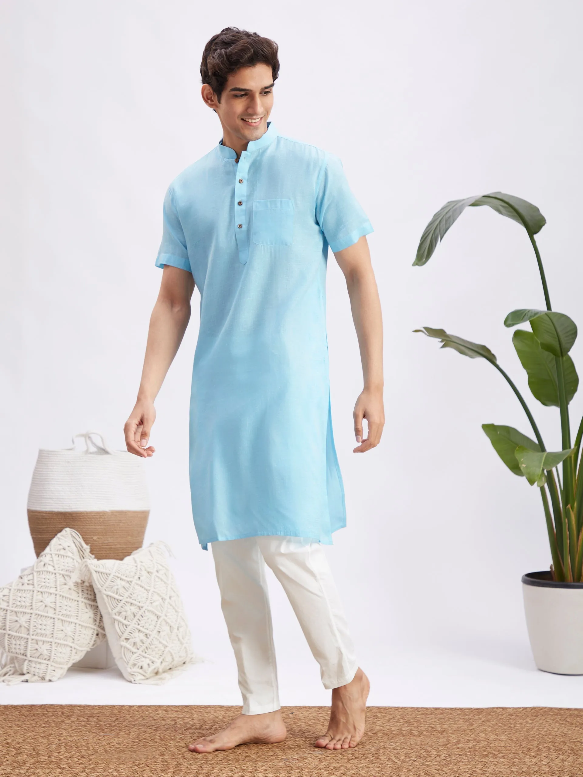 Jashvi Men's Aqua Blue Solid Kurta with White Pant Style Pyjama Set