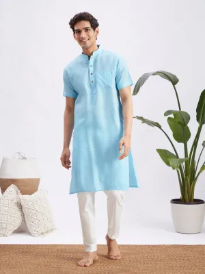 Jashvi Men's Aqua Blue Solid Kurta with White Pant Style Pyjama Set