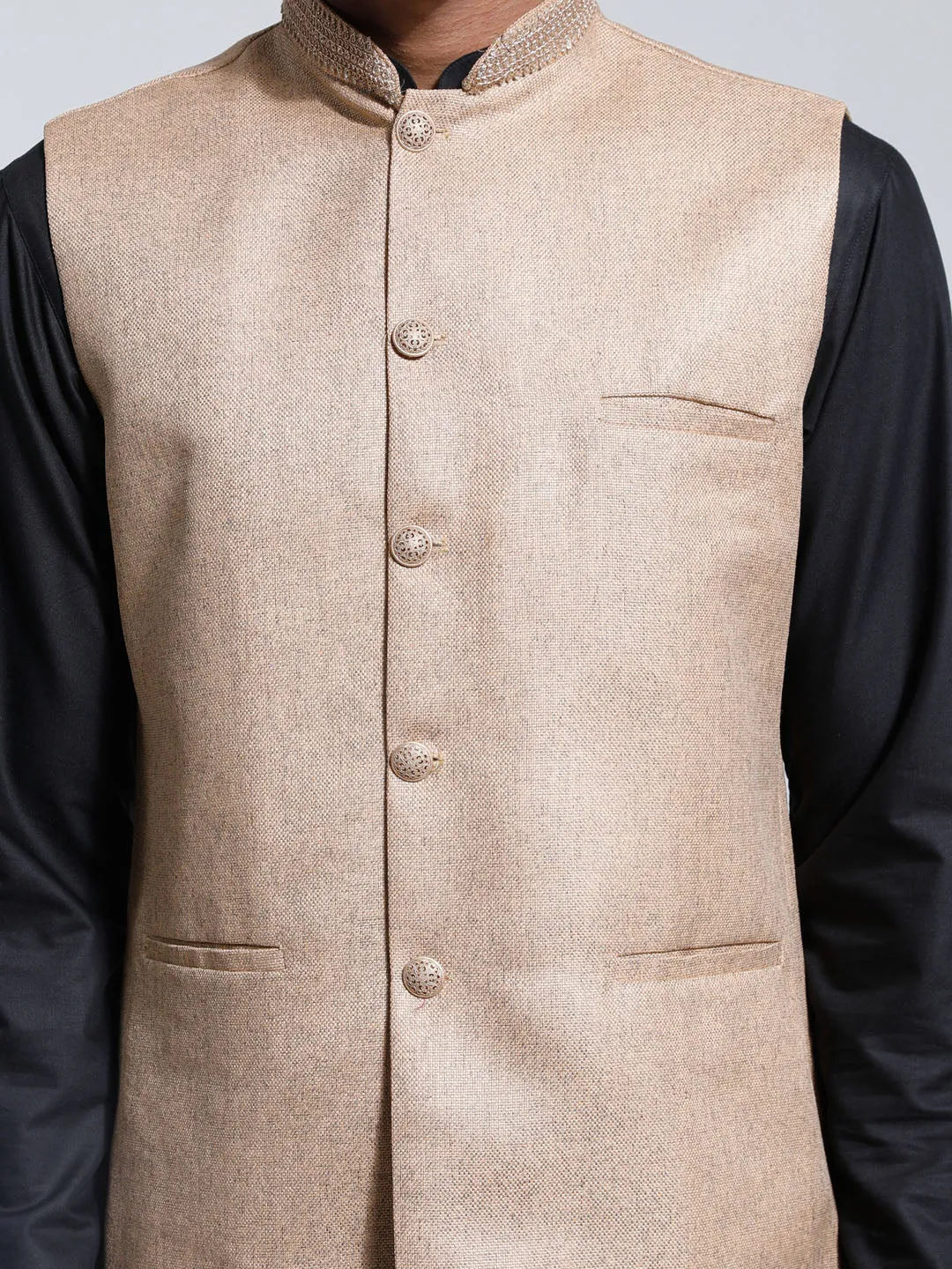 Jashvi Men's Beige And Black Cotton Silk Jacket, Kurta and Pyjama Set