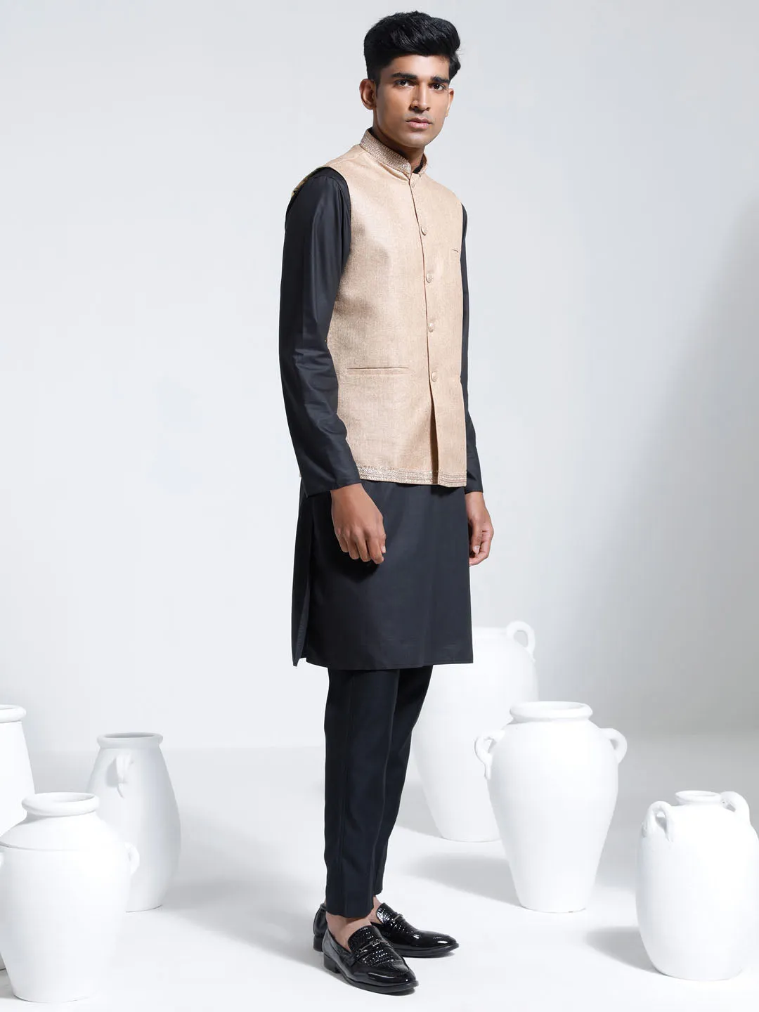 Jashvi Men's Beige And Black Cotton Silk Jacket, Kurta and Pyjama Set