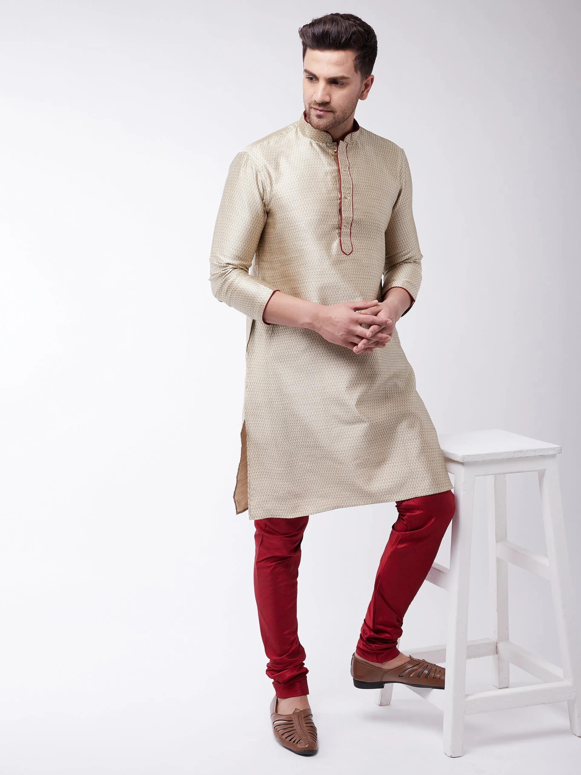 Jashvi Men's Beige And Maroon Silk Blend Kurta Churidar Set