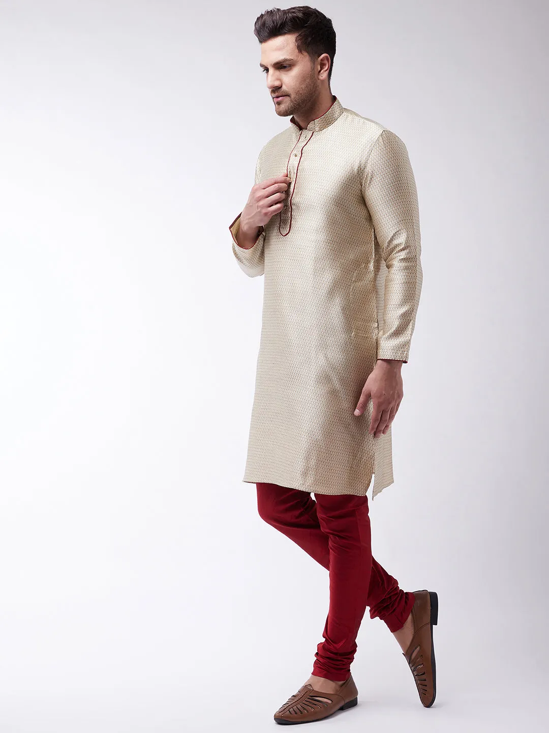 Jashvi Men's Beige And Maroon Silk Blend Kurta Churidar Set