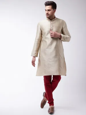 Jashvi Men's Beige And Maroon Silk Blend Kurta Churidar Set