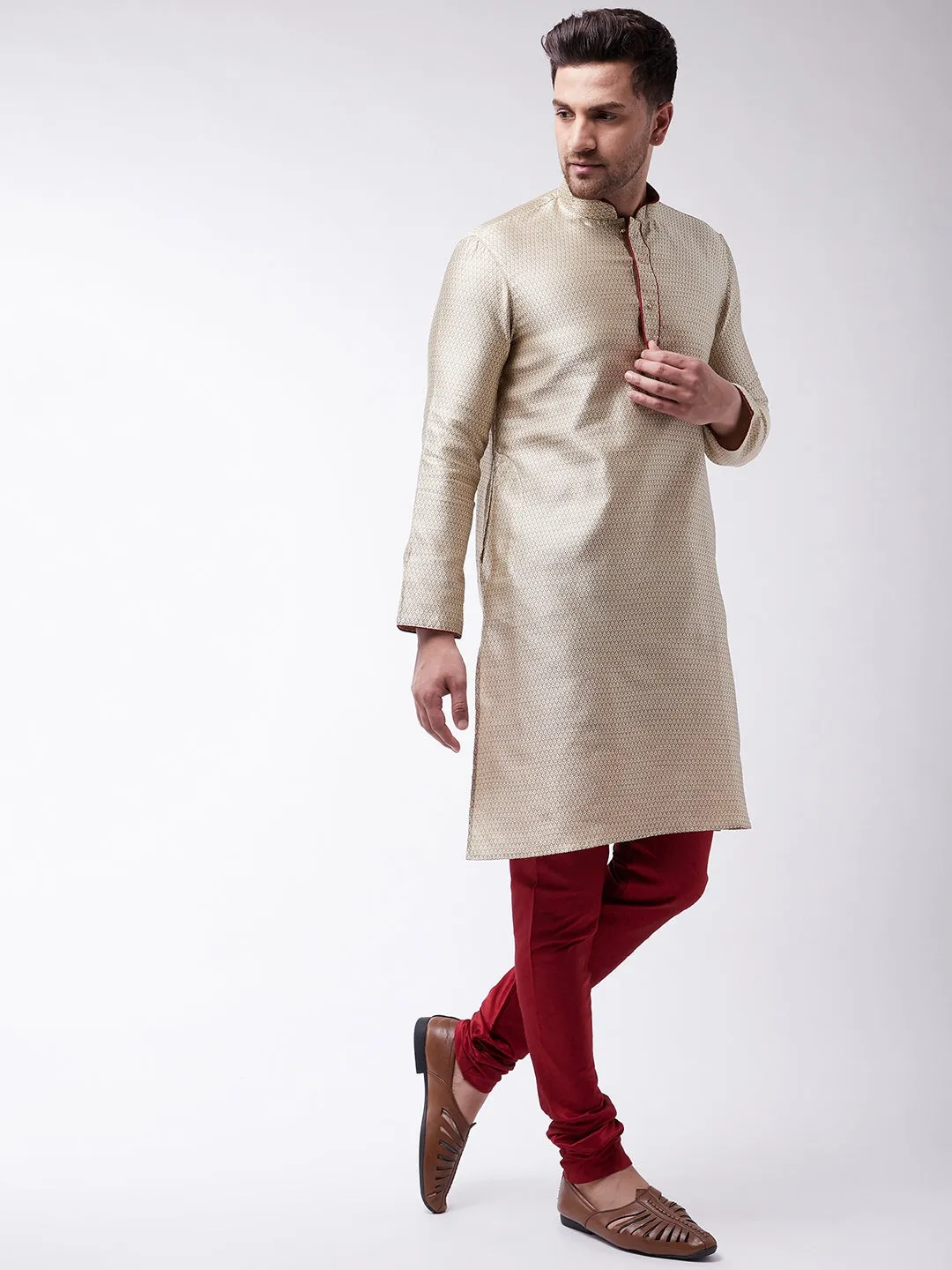 Jashvi Men's Beige And Maroon Silk Blend Kurta Churidar Set