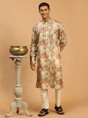 Jashvi Men's Beige Floral Printed Kurta with Cream Solid Pant Style Viscose Pyjama Set