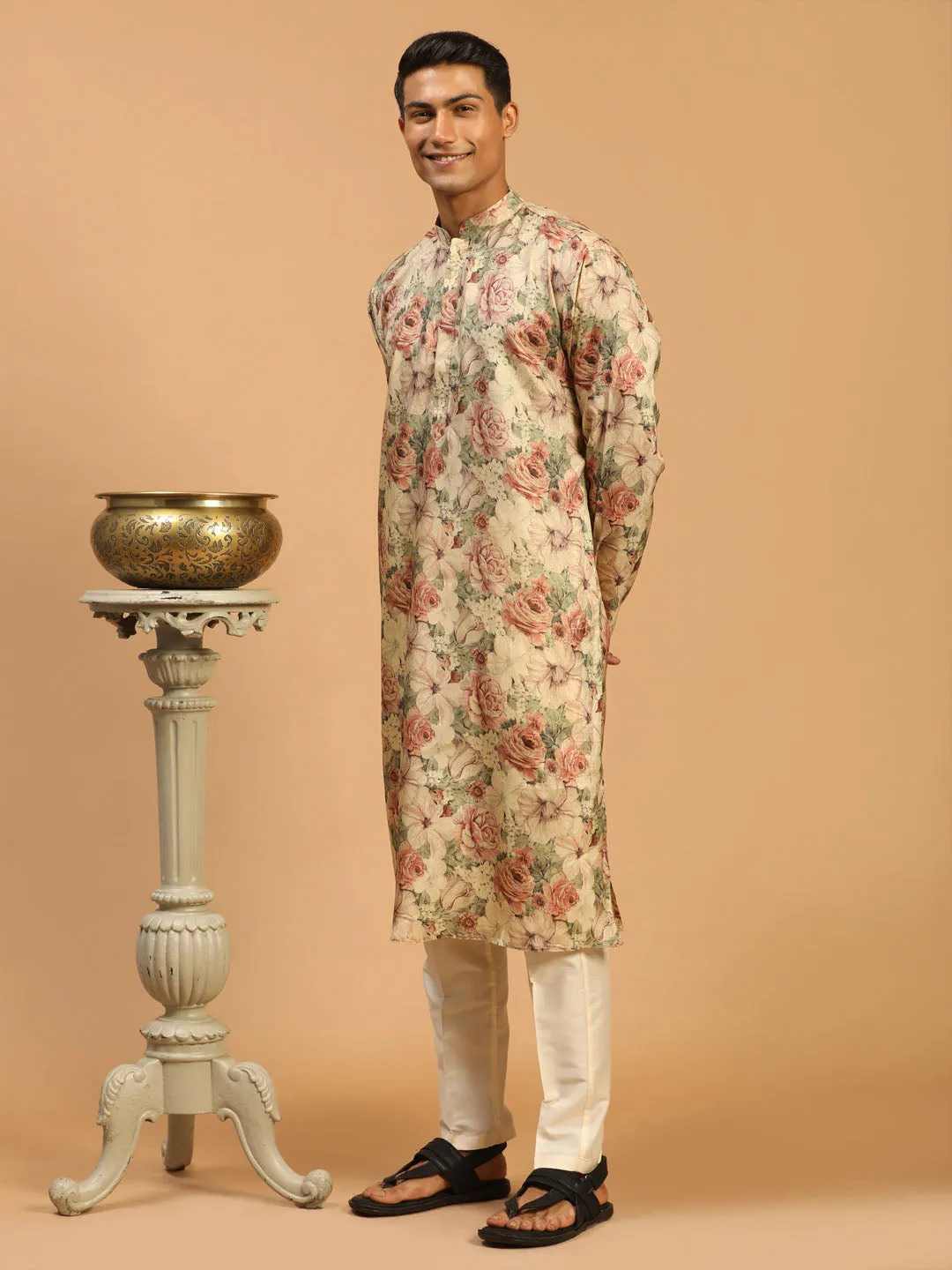 Jashvi Men's Beige Floral Printed Kurta with Cream Solid Pant Style Viscose Pyjama Set