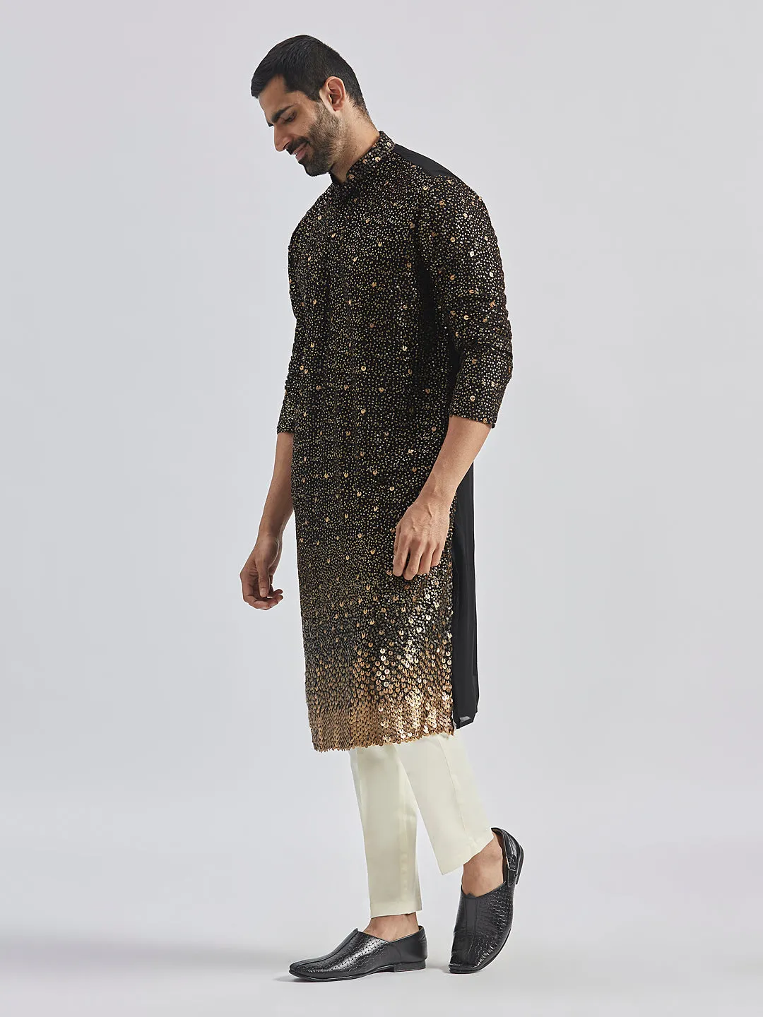 Jashvi Men's Black And Cream Georgette Kurta Pyjama Set