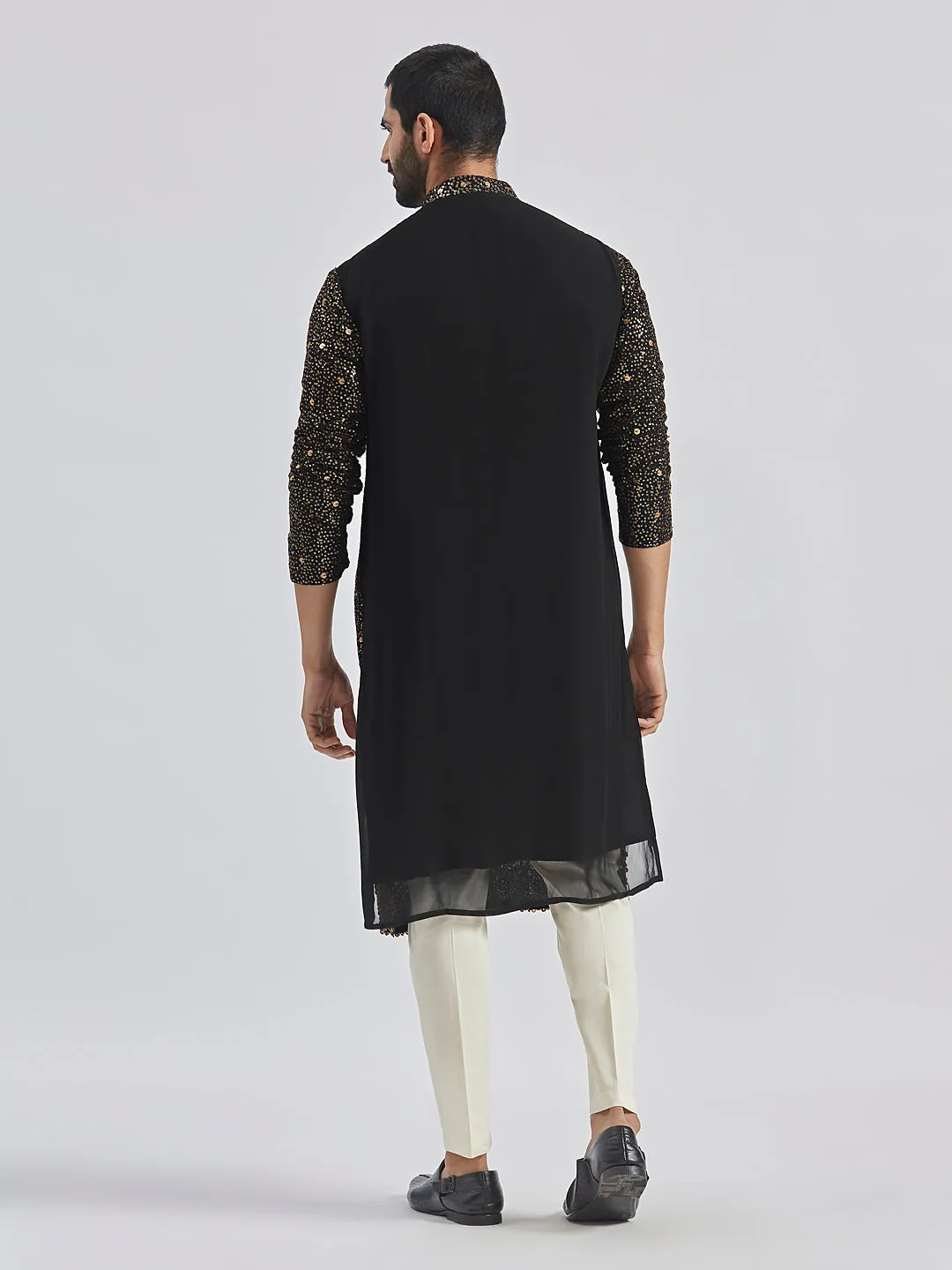 Jashvi Men's Black And Cream Georgette Kurta Pyjama Set