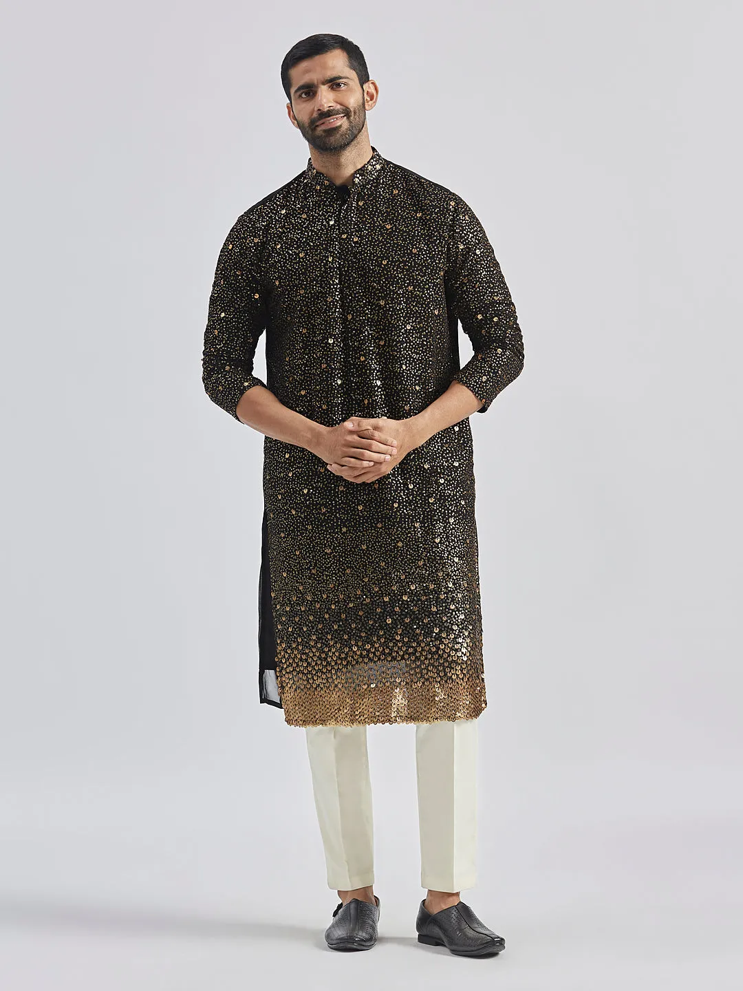 Jashvi Men's Black And Cream Georgette Kurta Pyjama Set