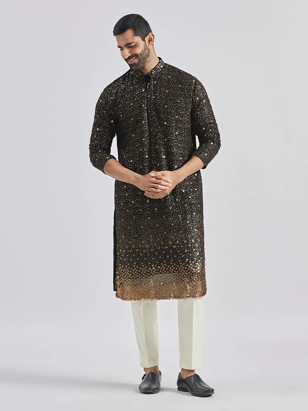 Jashvi Men's Black And Cream Georgette Kurta Pyjama Set