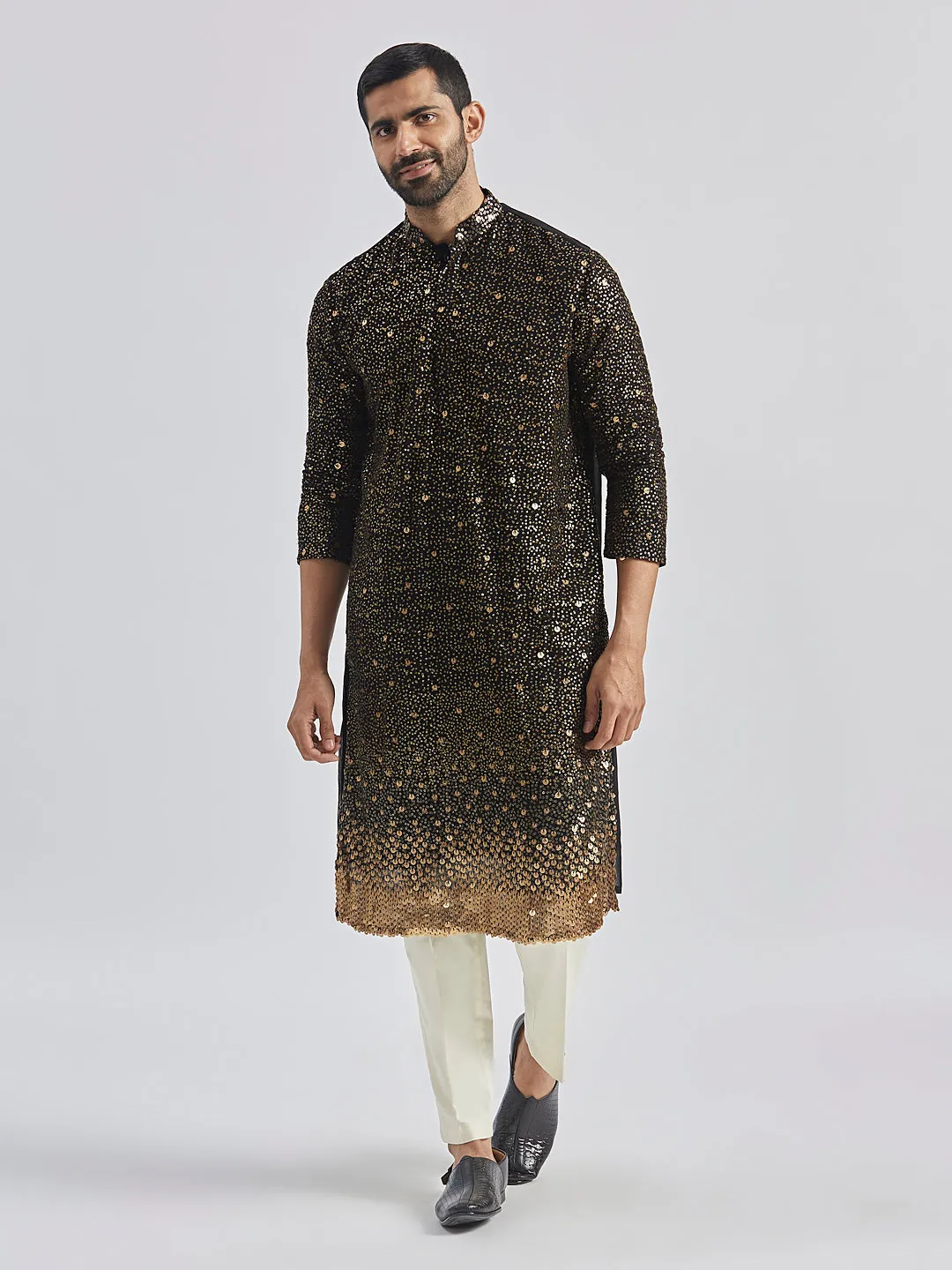 Jashvi Men's Black And Cream Georgette Kurta Pyjama Set