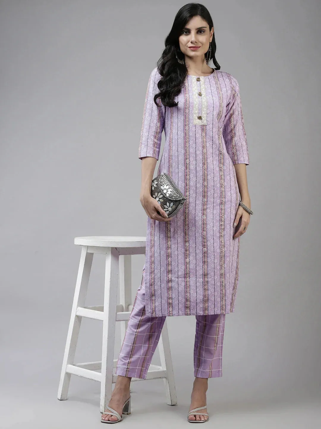 Lavender Printed Kurta With Trousers