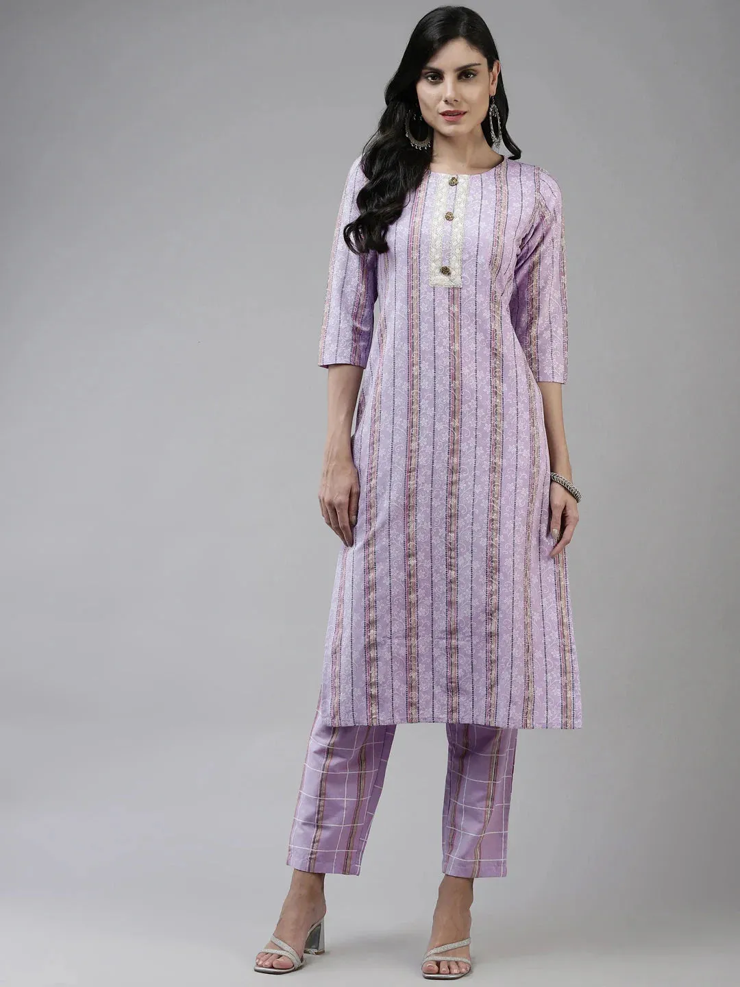 Lavender Printed Kurta With Trousers