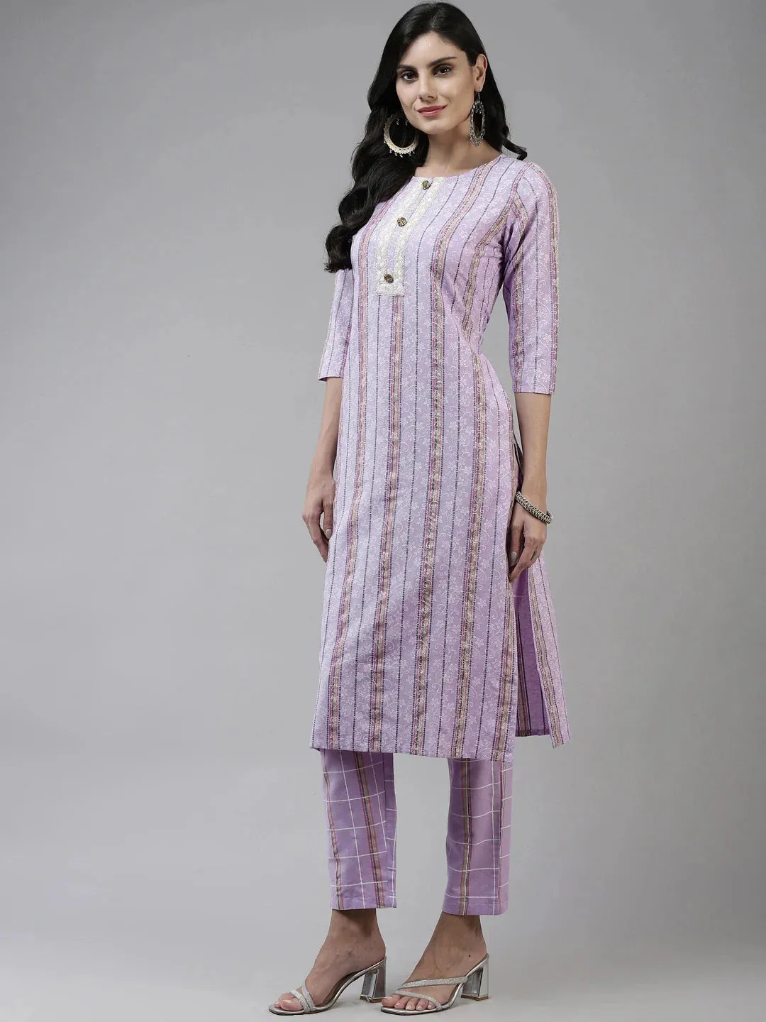 Lavender Printed Kurta With Trousers