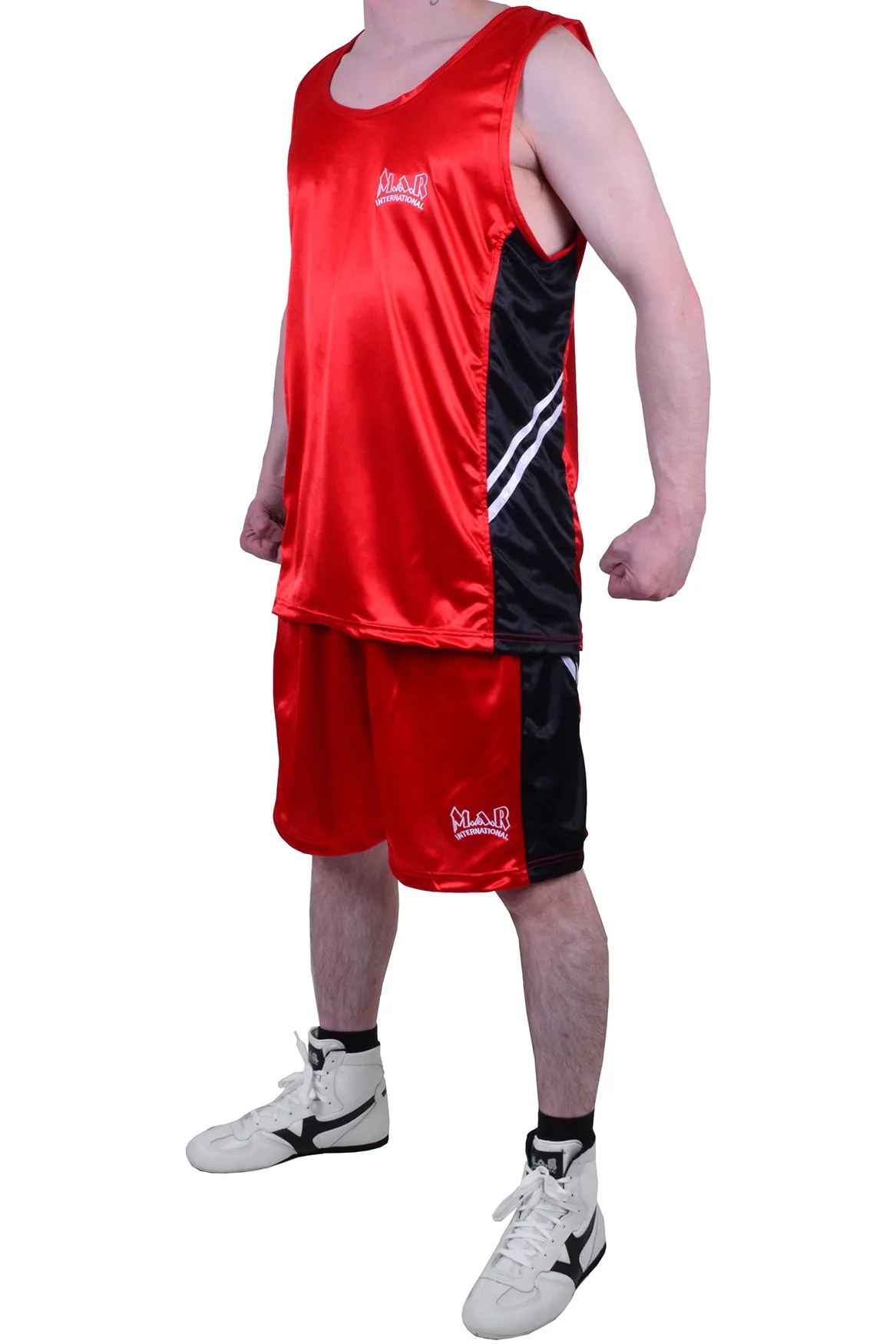 MAR-100B | Red & Black Boxing Shorts & Vest w/ White Lines