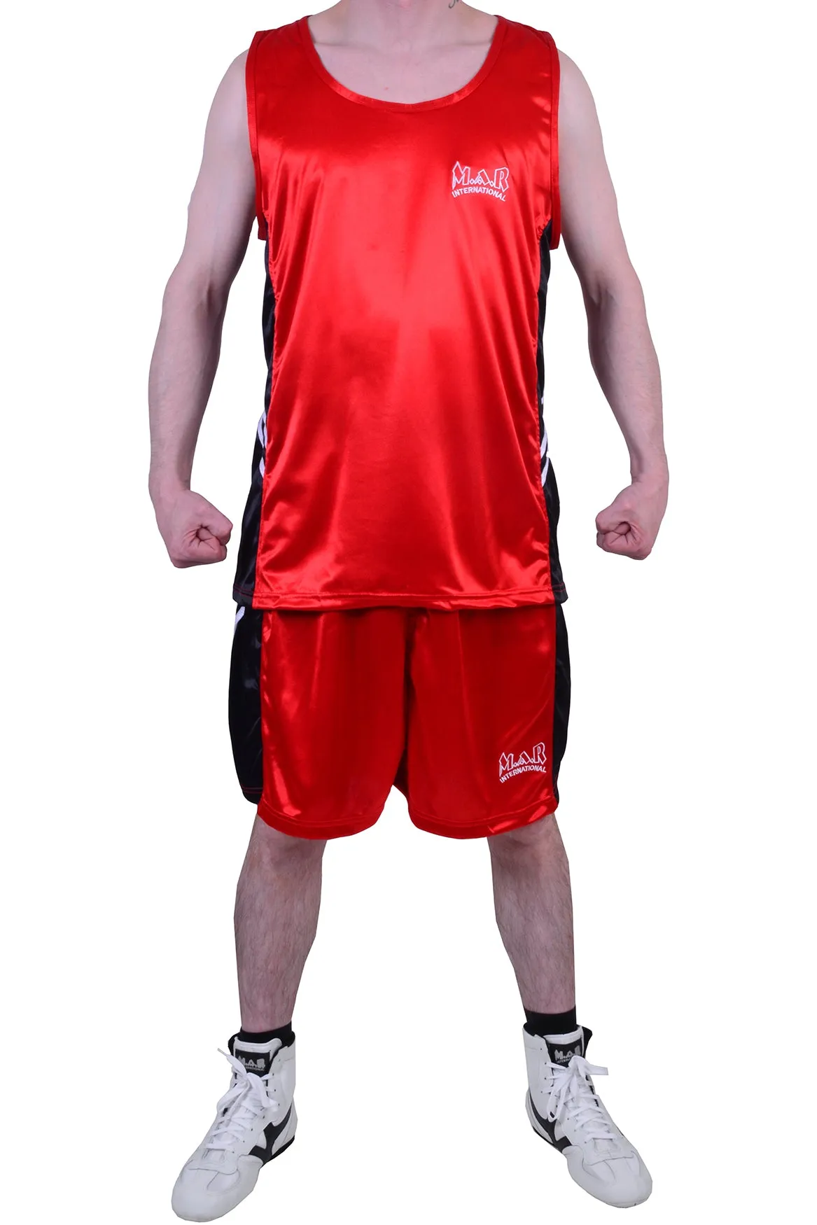 MAR-100B | Red & Black Boxing Shorts & Vest w/ White Lines