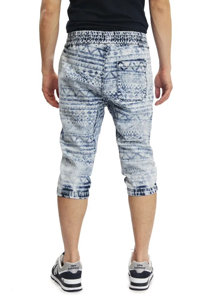 Men's Aztec Print Denim Jogger Shorts