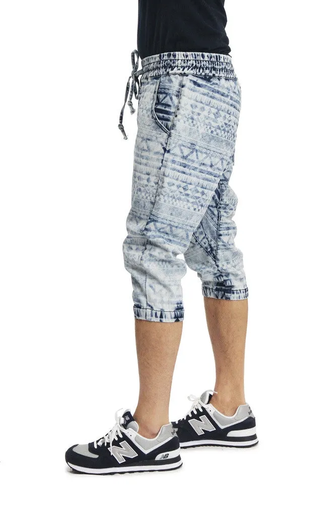 Men's Aztec Print Denim Jogger Shorts