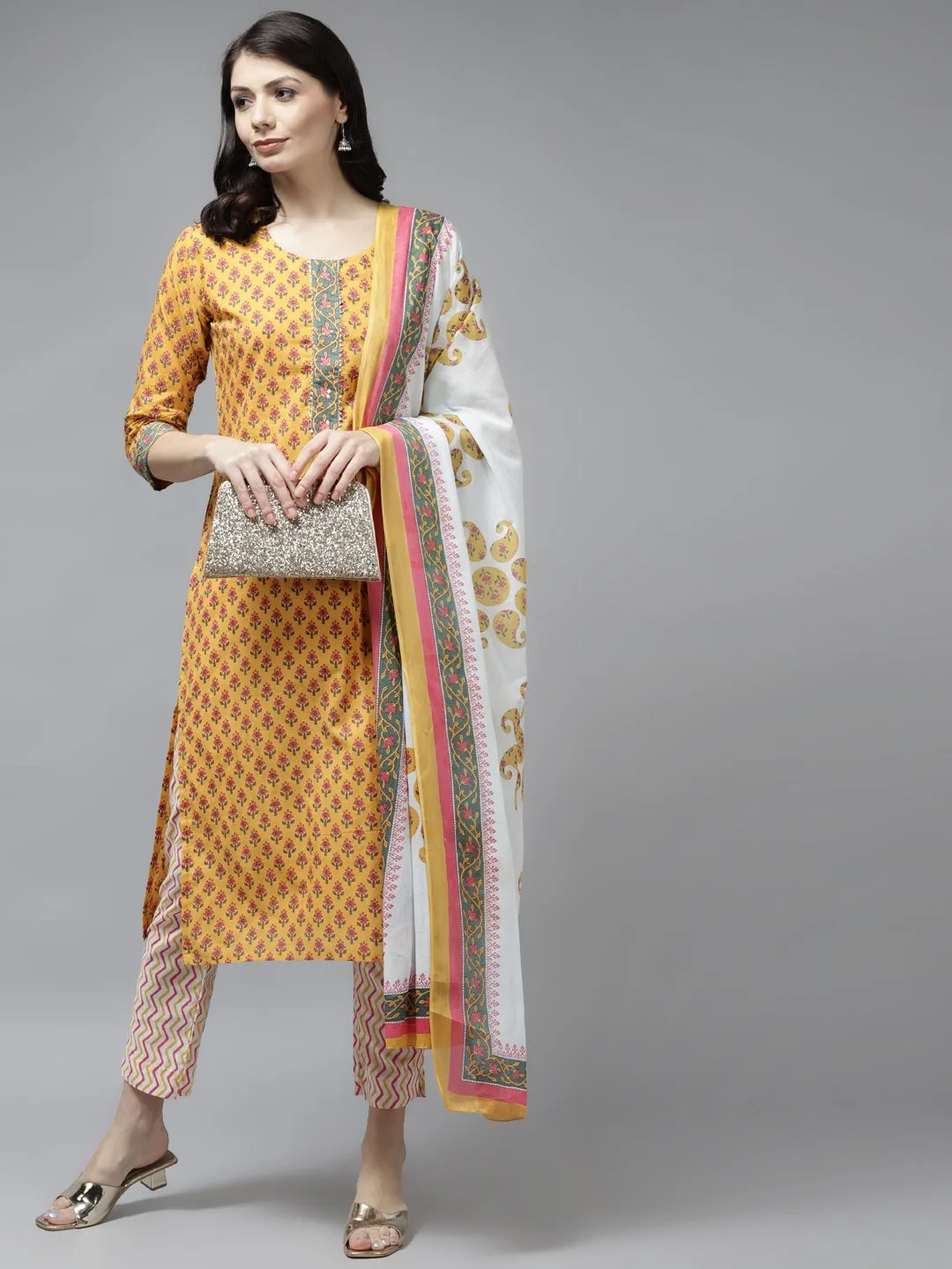 Mustard Yellow Ethnic Motifs Printed Dupatta Set