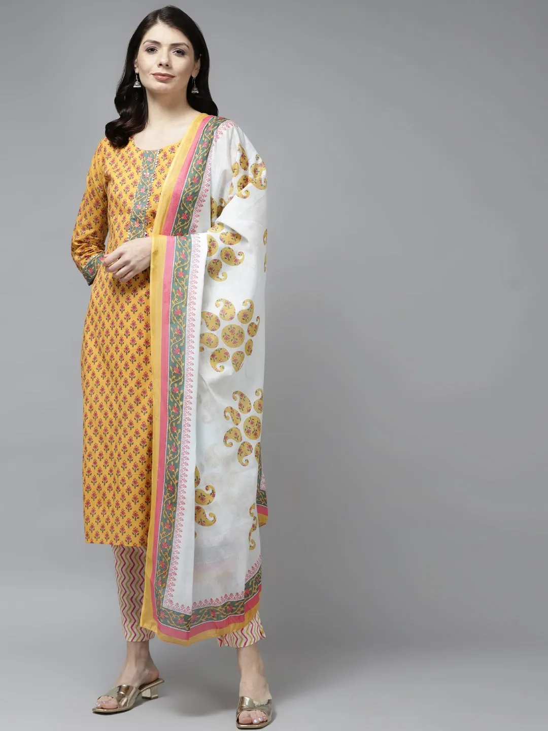 Mustard Yellow Ethnic Motifs Printed Dupatta Set