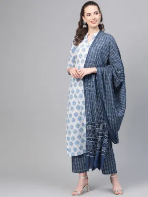 Off-White & Blue Printed Straight Kurta Set With Palazzo & Dupatta