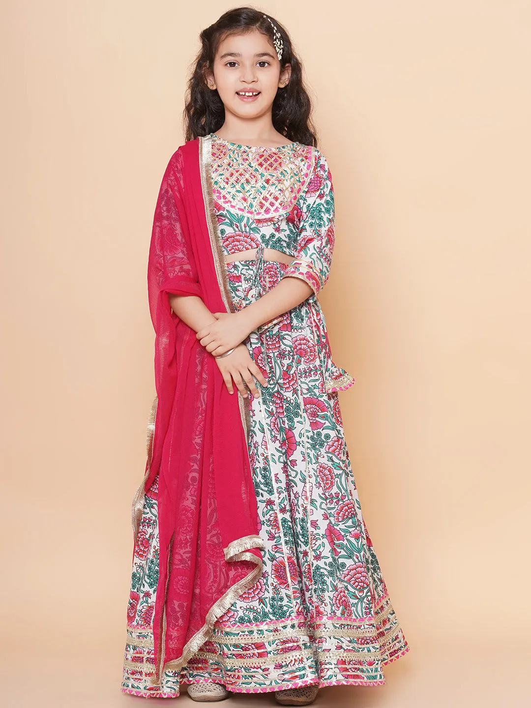 Off White Multi Printed Anarakali Kurta Set For Women & Lehenga Choli Set For Girl