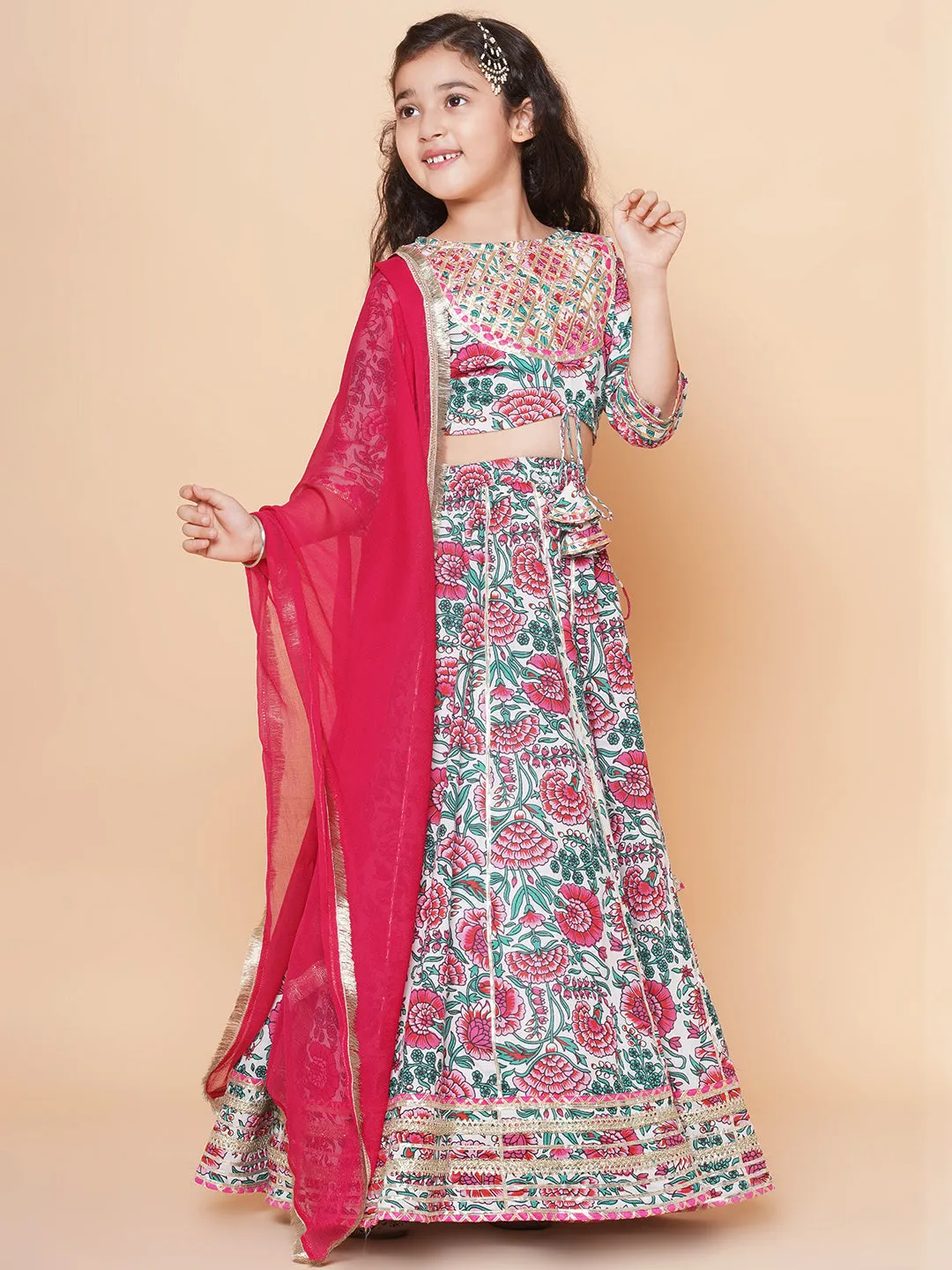 Off White Multi Printed Anarakali Kurta Set For Women & Lehenga Choli Set For Girl