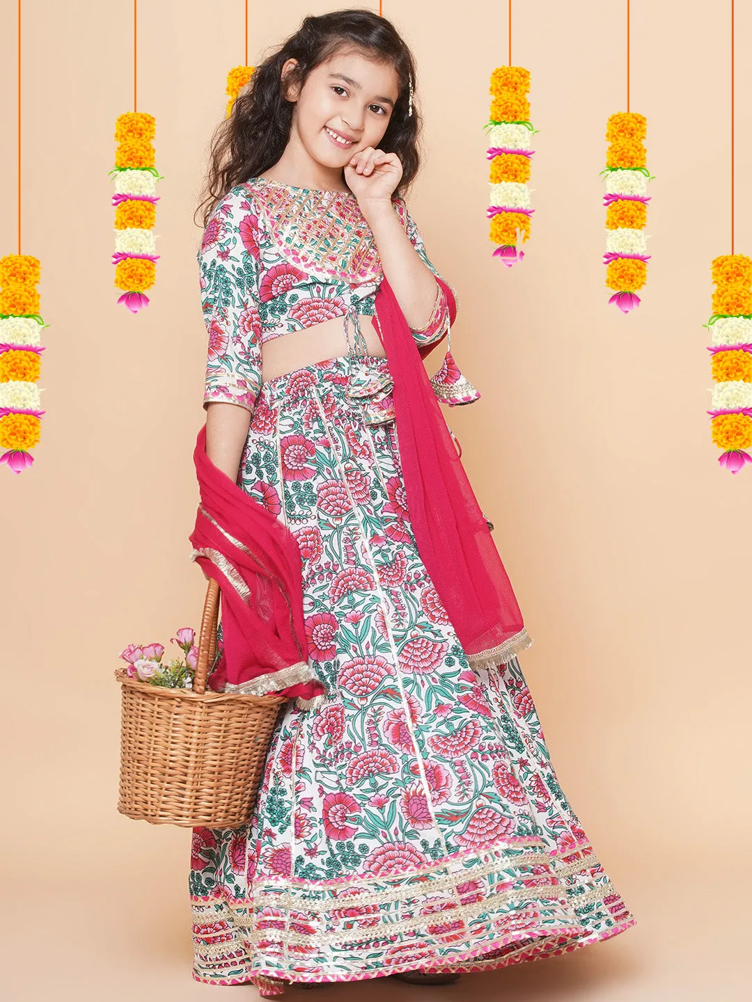 Off White Multi Printed Anarakali Kurta Set For Women & Lehenga Choli Set For Girl