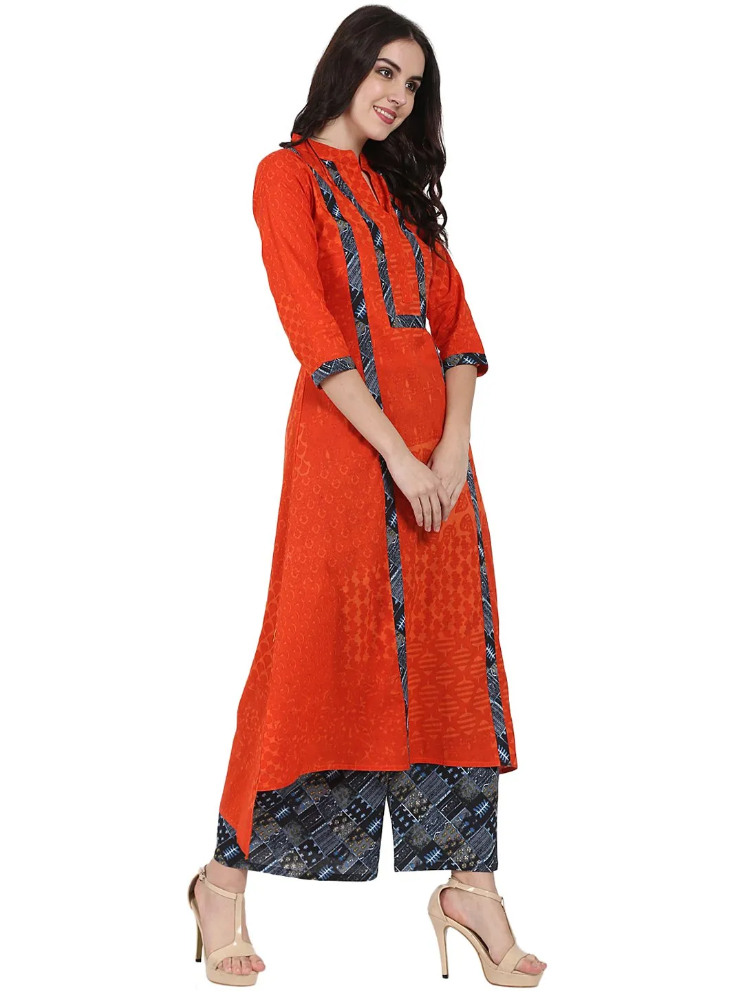 Orange 3/4Th Sleeve Cotton A-Line Kurta With Grey Printed Ankle Length Kurta