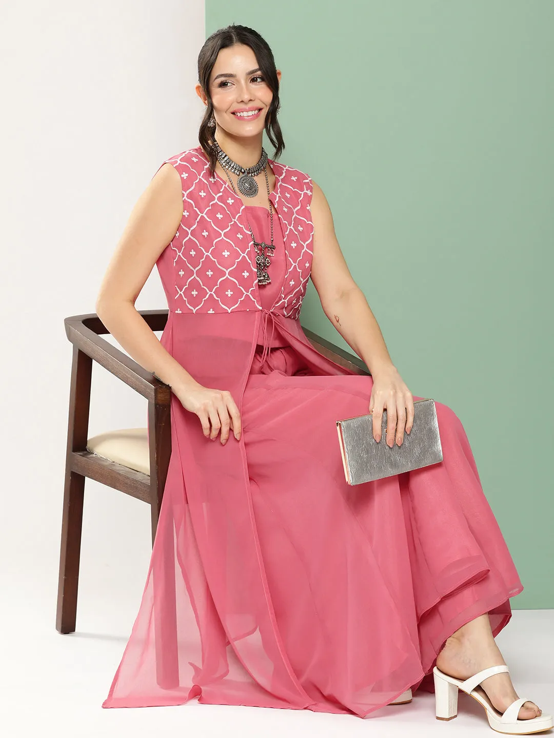 Peach Embroidered Cape & Inner Plain Short Spaghetti With Flared Palazzos.