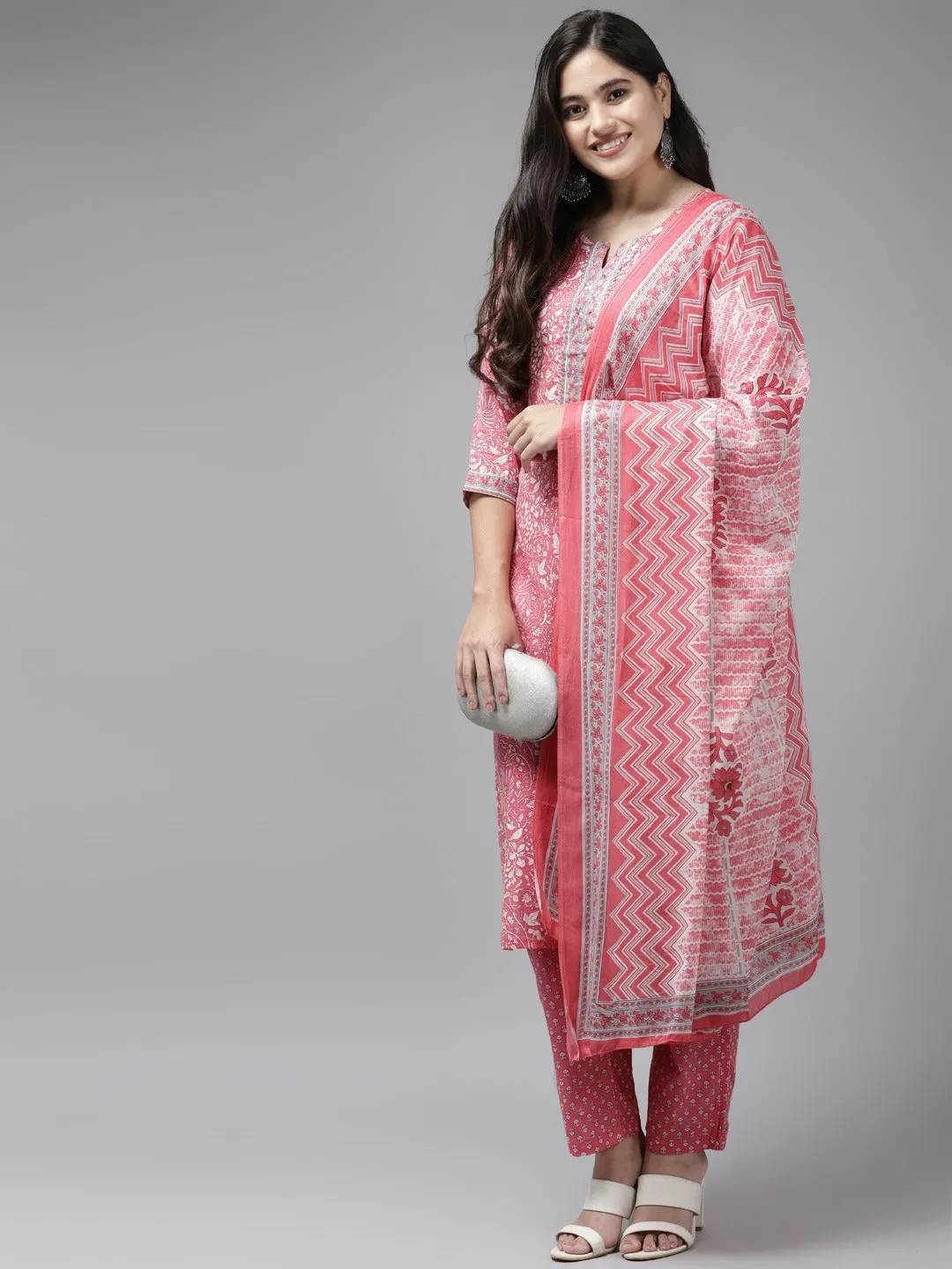 Pink Printed Cotton Dupatta Set