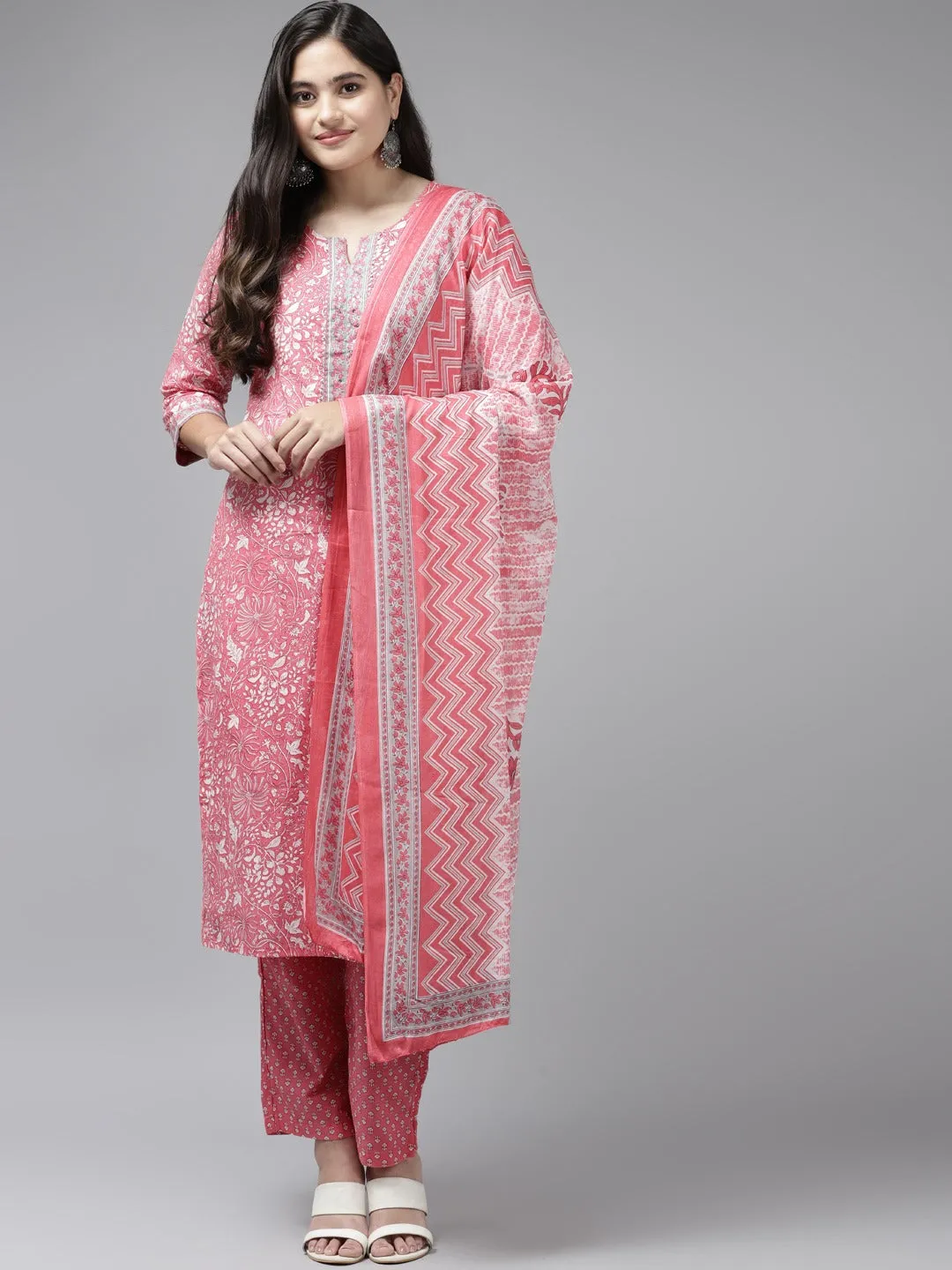 Pink Printed Cotton Dupatta Set