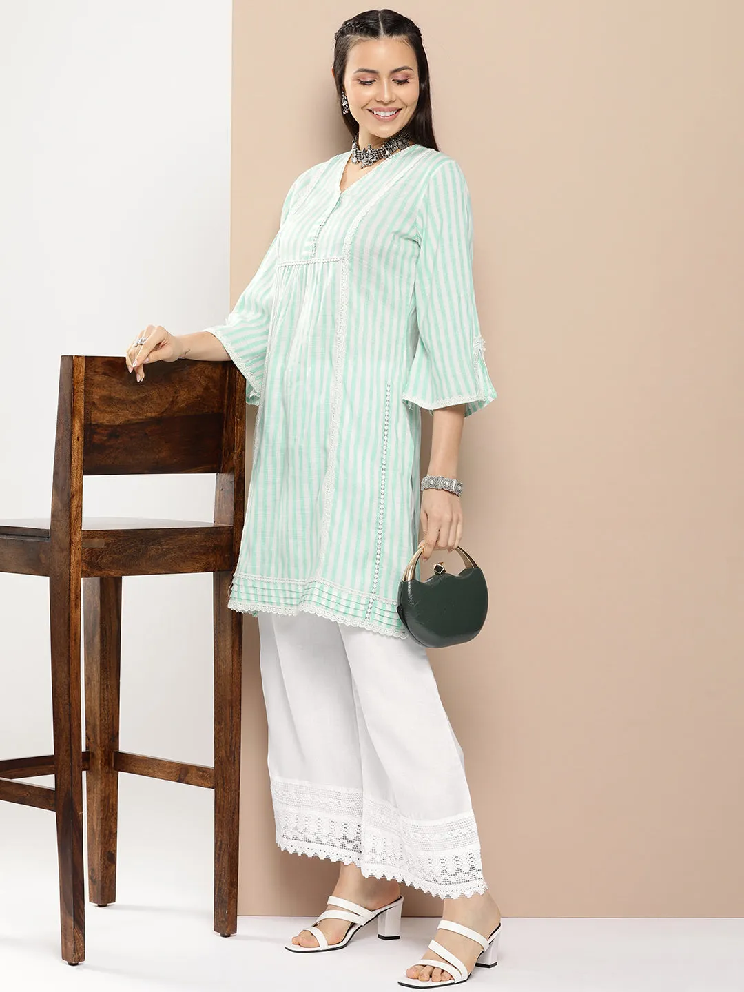 Sea Green And White Striped Kurta With Lace Detailing & Off White Palazzos.