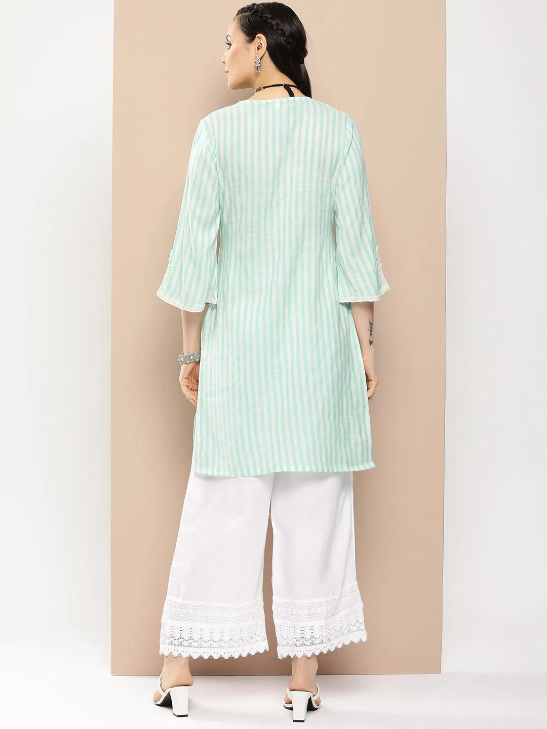 Sea Green And White Striped Kurta With Lace Detailing & Off White Palazzos.