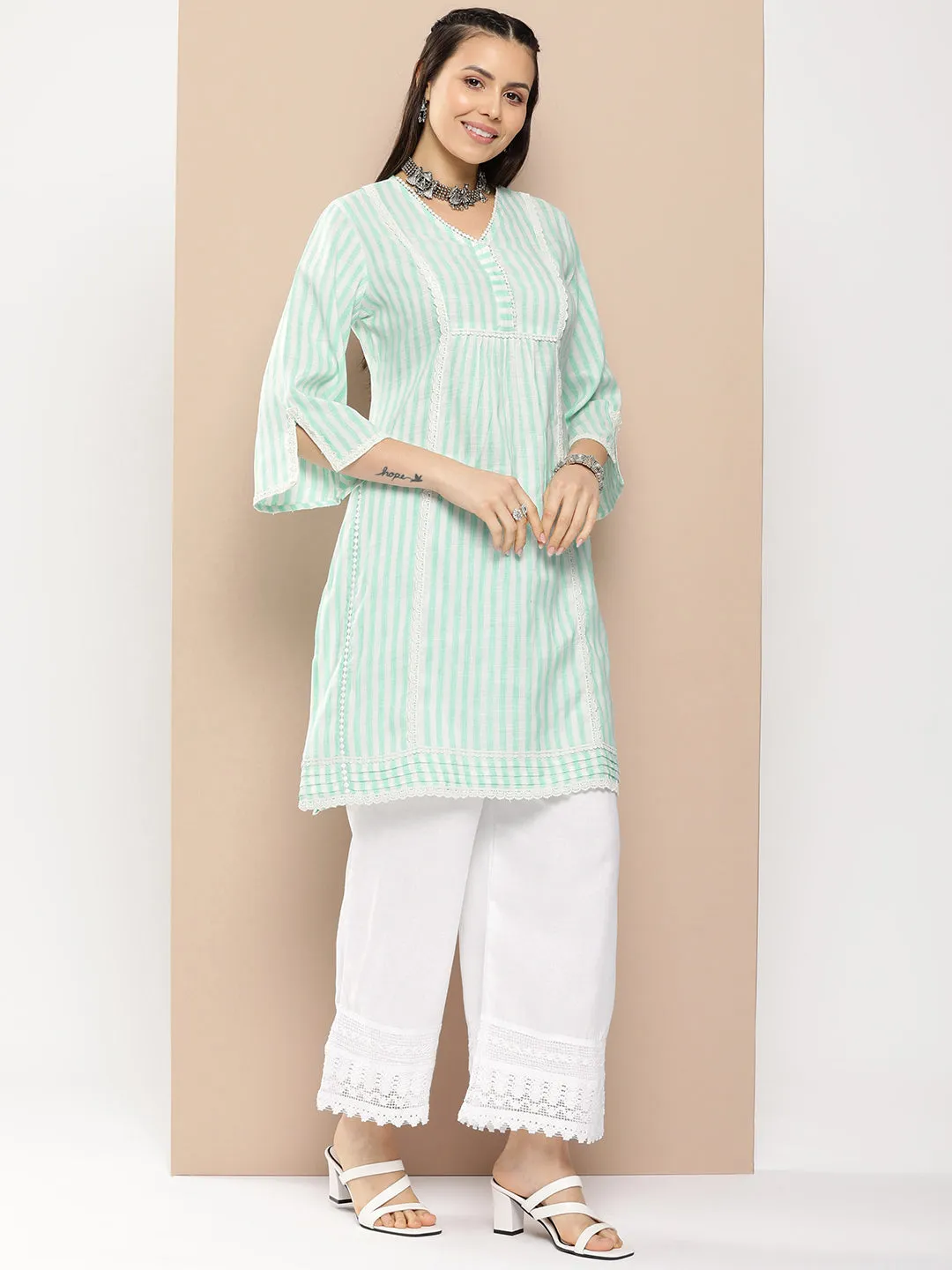 Sea Green And White Striped Kurta With Lace Detailing & Off White Palazzos.