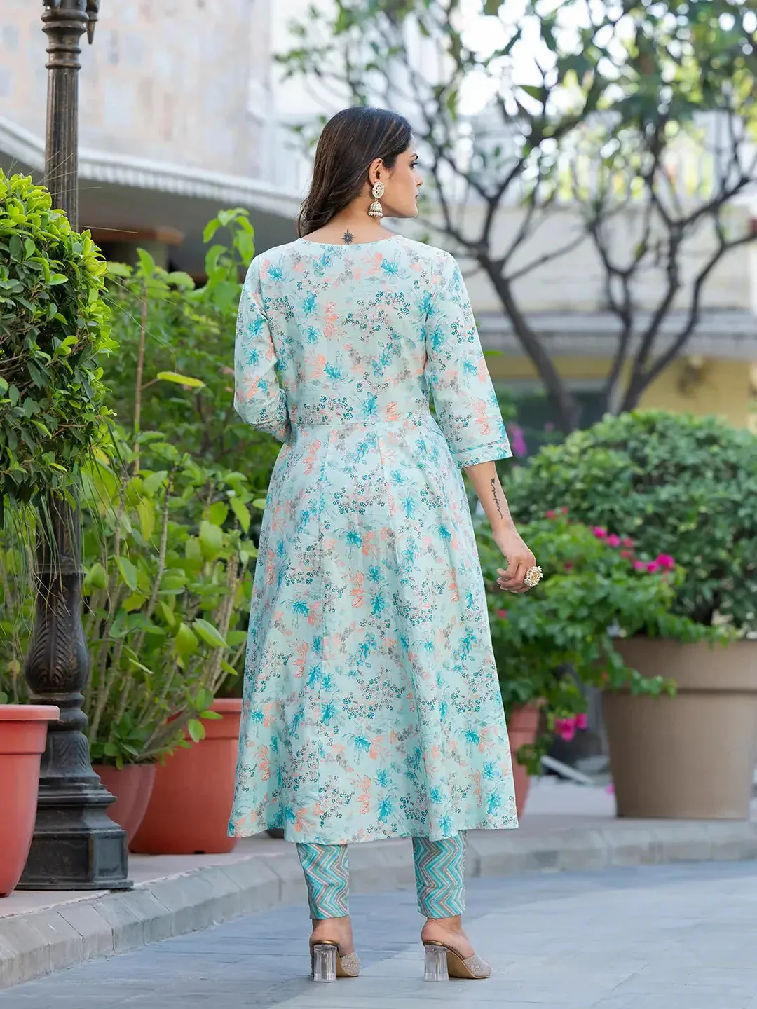 Sea Green Sequins_Work Anarkali Kurta Trouser And Dupatta Set