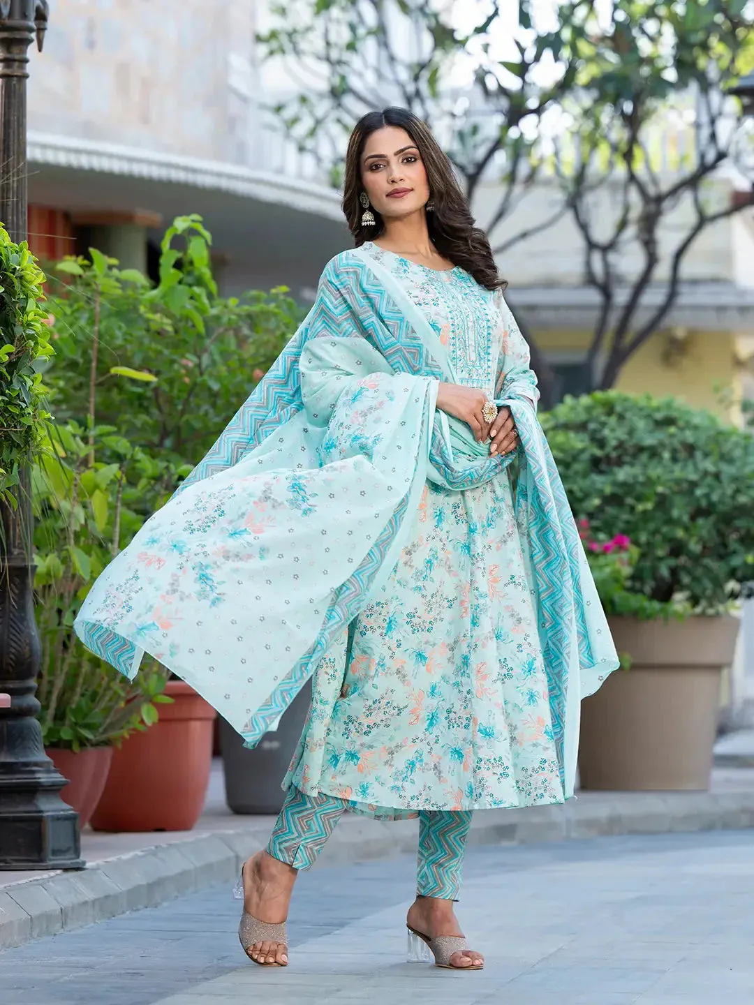 Sea Green Sequins_Work Anarkali Kurta Trouser And Dupatta Set