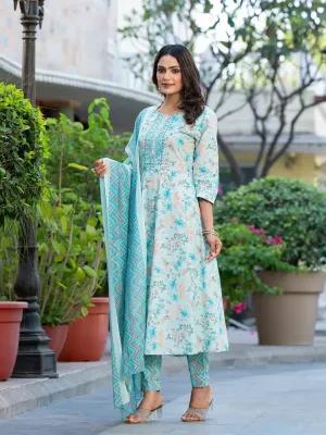 Sea Green Sequins_Work Anarkali Kurta Trouser And Dupatta Set