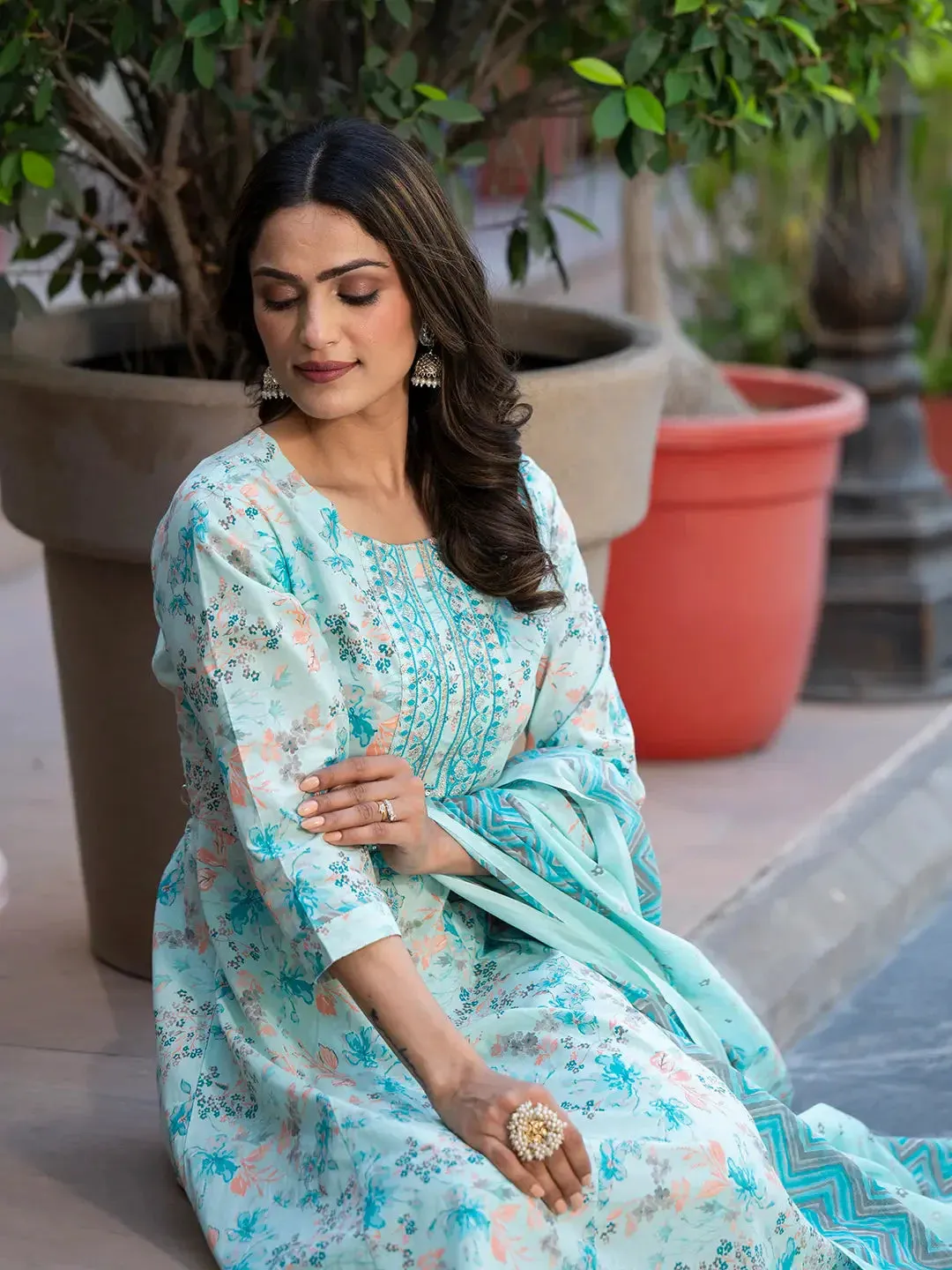 Sea Green Sequins_Work Anarkali Kurta Trouser And Dupatta Set