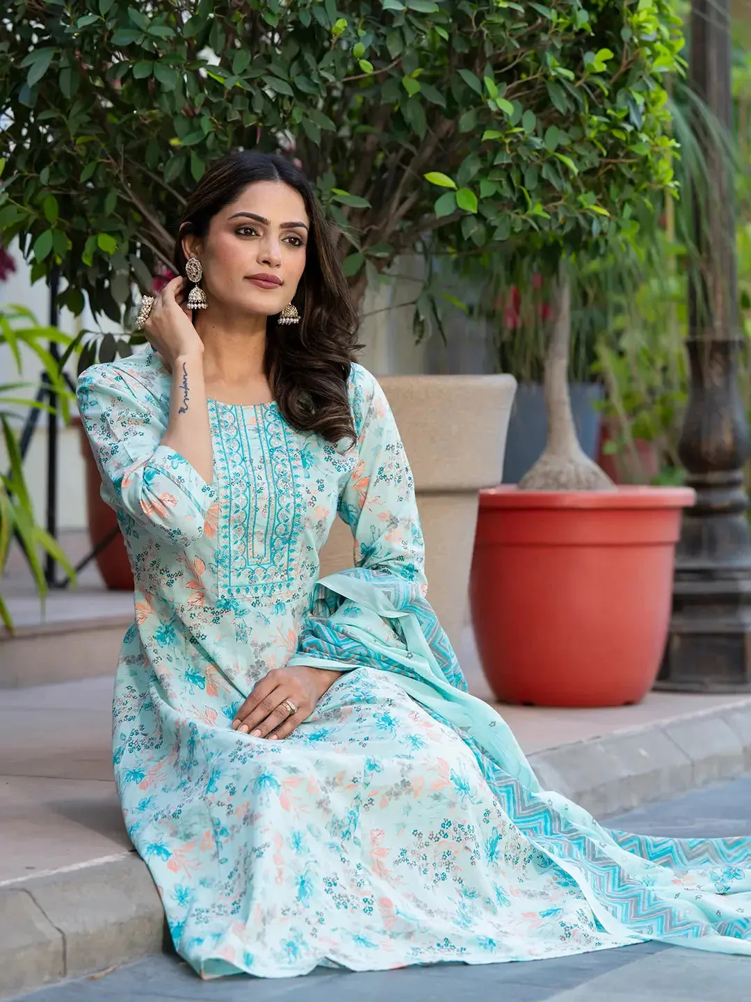 Sea Green Sequins_Work Anarkali Kurta Trouser And Dupatta Set