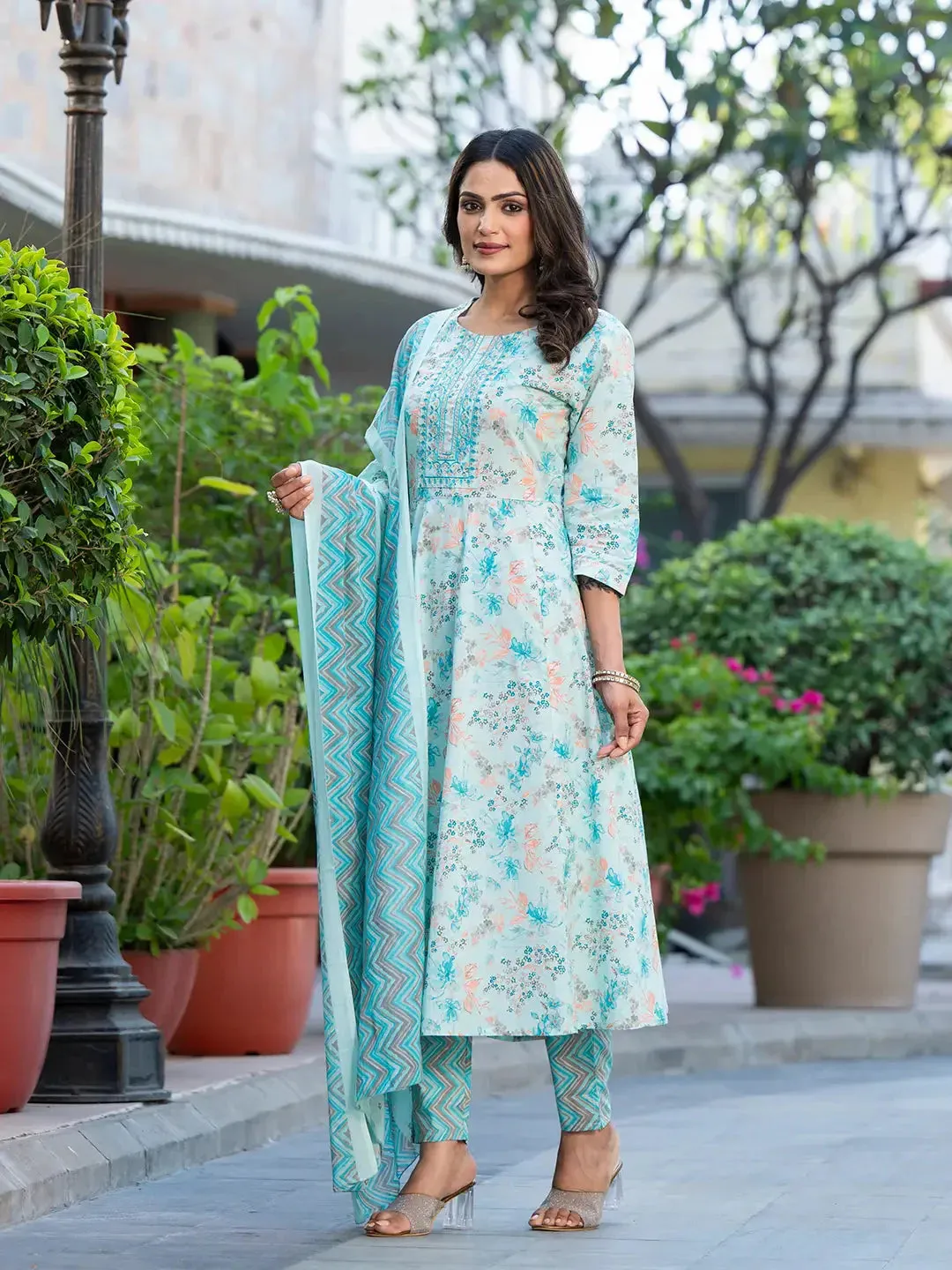 Sea Green Sequins_Work Anarkali Kurta Trouser And Dupatta Set