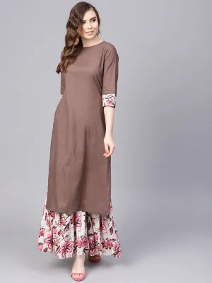 Solid Coffee Brown 3/4Th Sleeve Cotton Kurta With Printed Floral Sharara