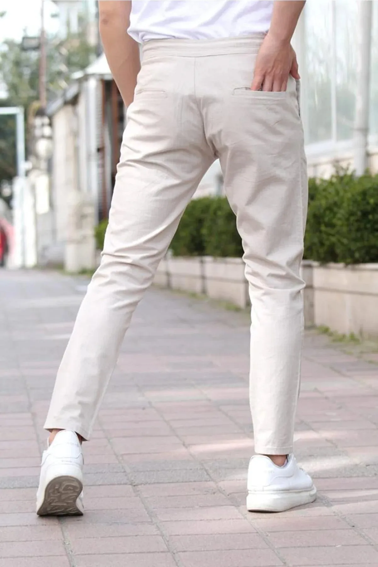 Tarz Cool Men's Beige Eganis Drawstring Jogger Buttoned Fabric Pants