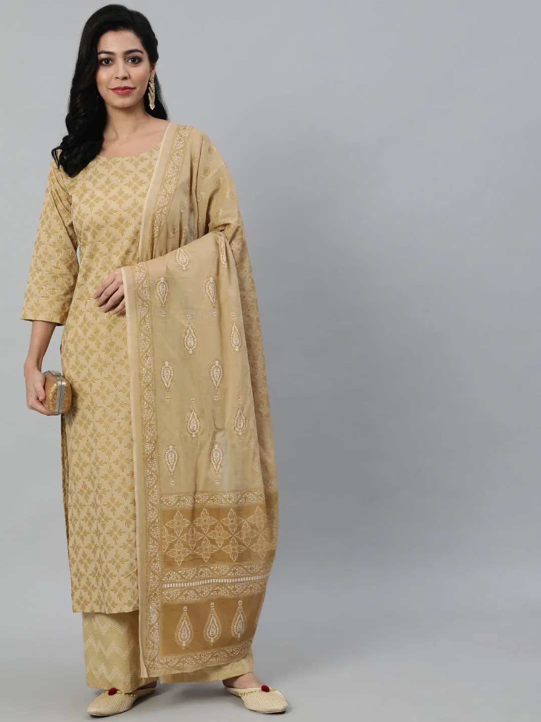 Women Beige Printed Straight Kurta With Plazo