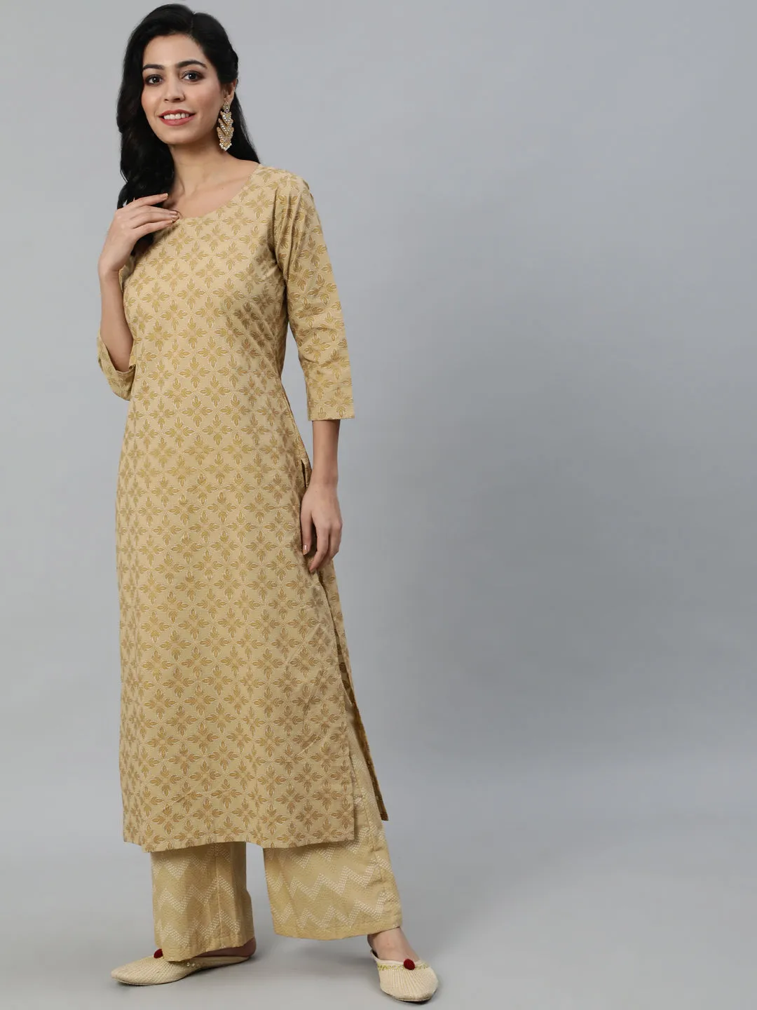 Women Beige Printed Straight Kurta With Plazo