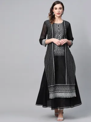 Women Black And White Screen Printed Kurta With Skirt