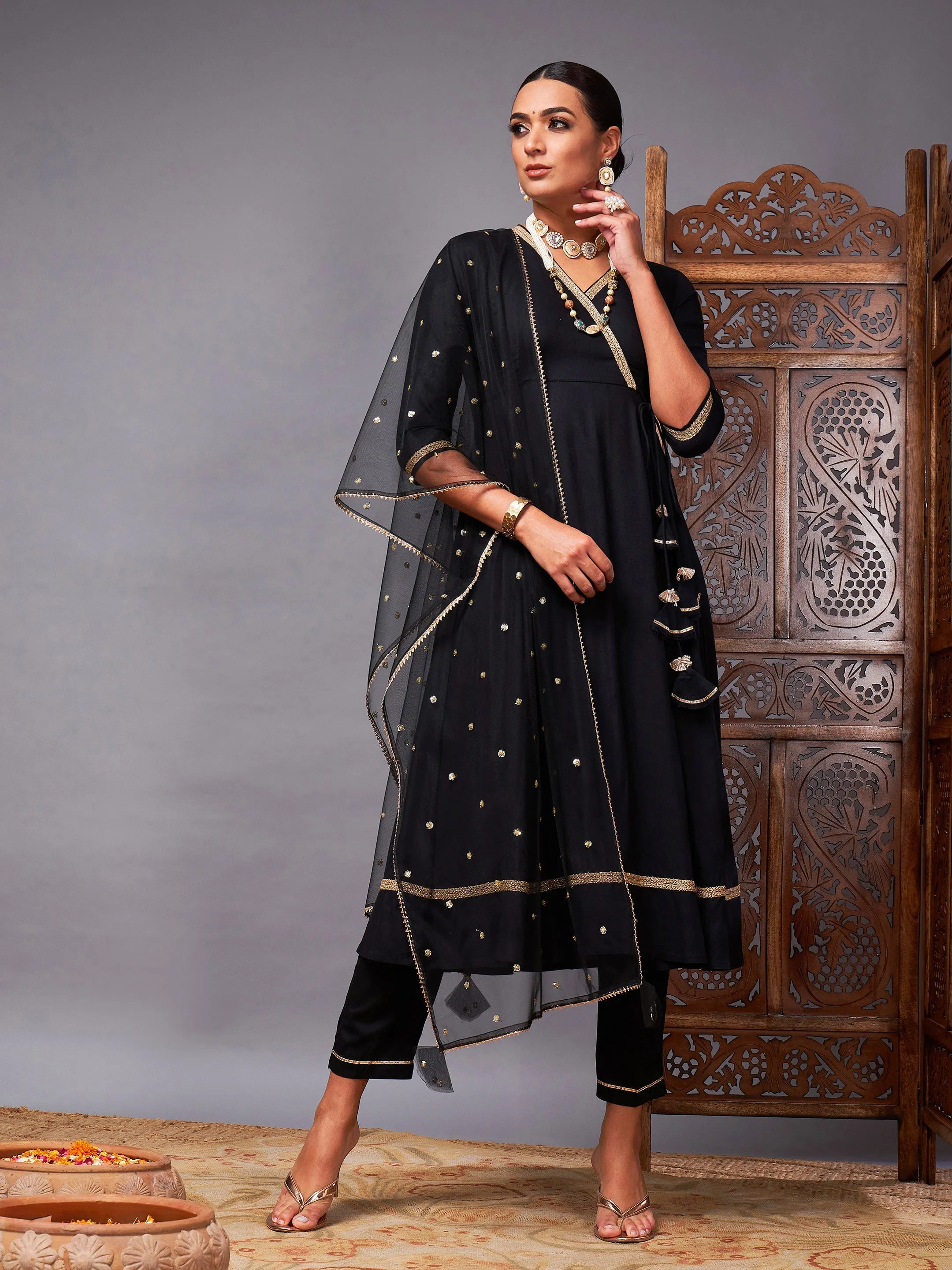 Women Black Kurta Set With Net Sequins Dupatta