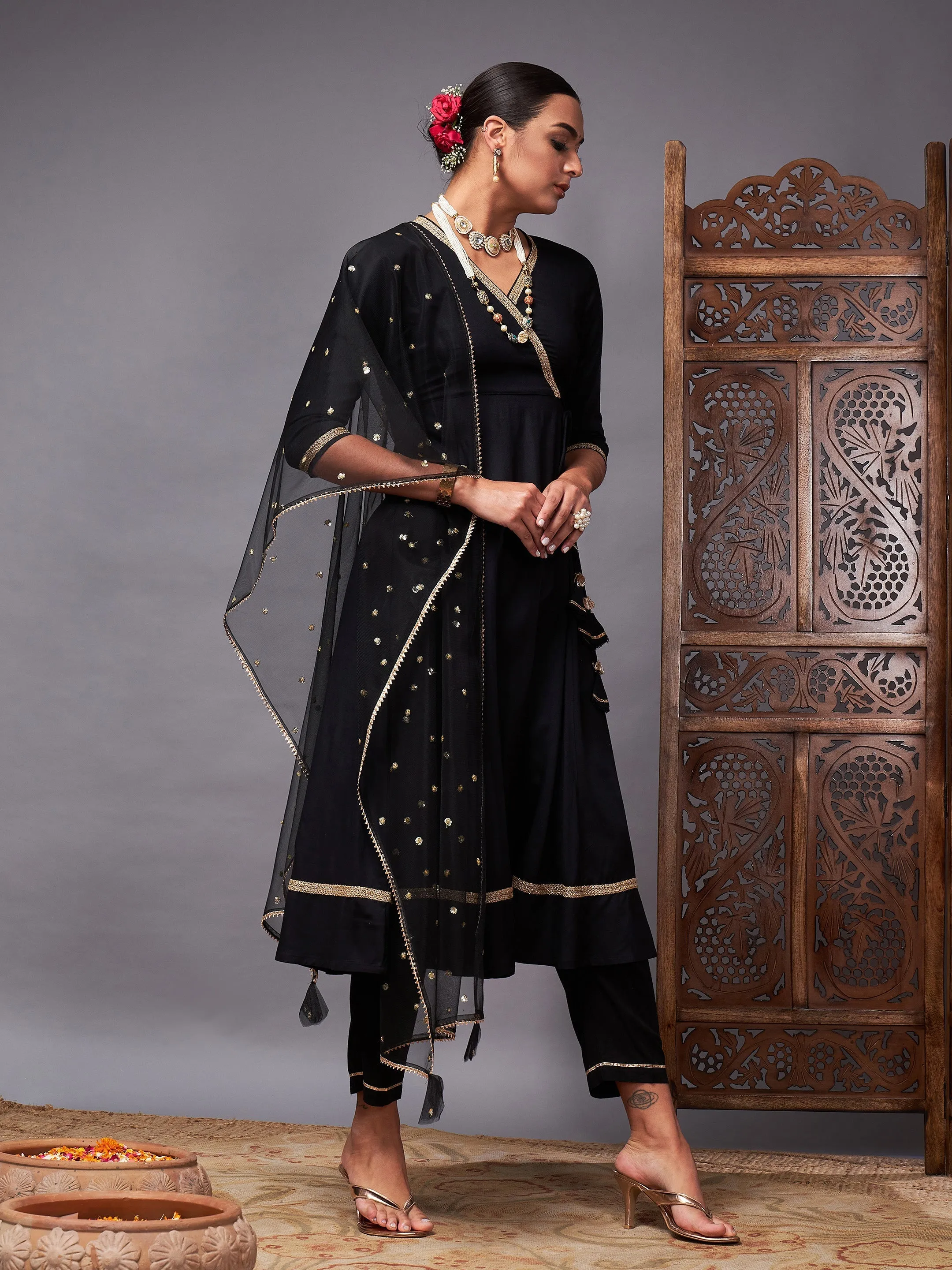 Women Black Kurta Set With Net Sequins Dupatta