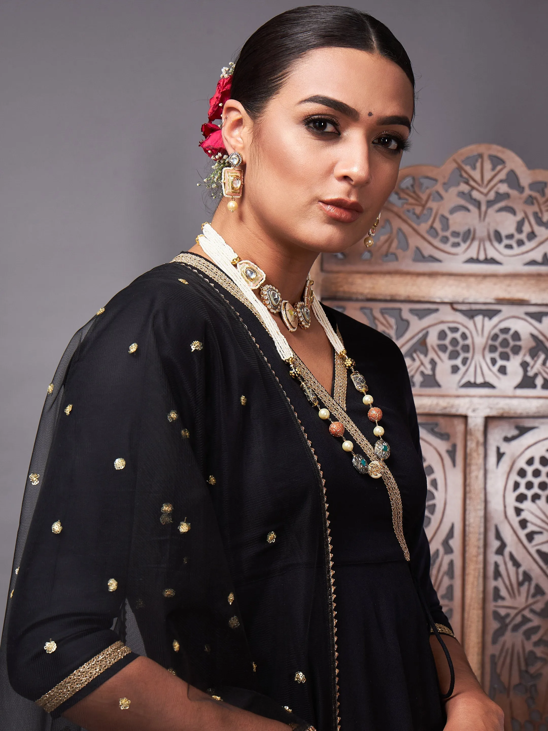 Women Black Kurta Set With Net Sequins Dupatta