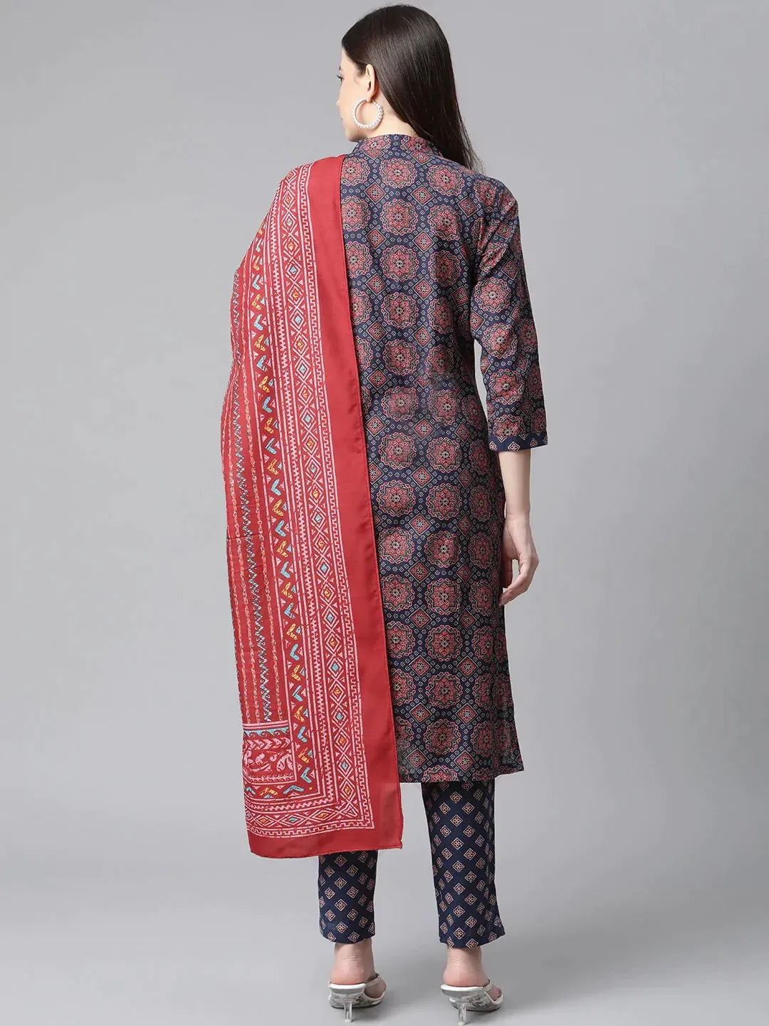 Women Blue & Maroon Printed Regular Pure Cotton Kurta With Trousers & With Dupatta